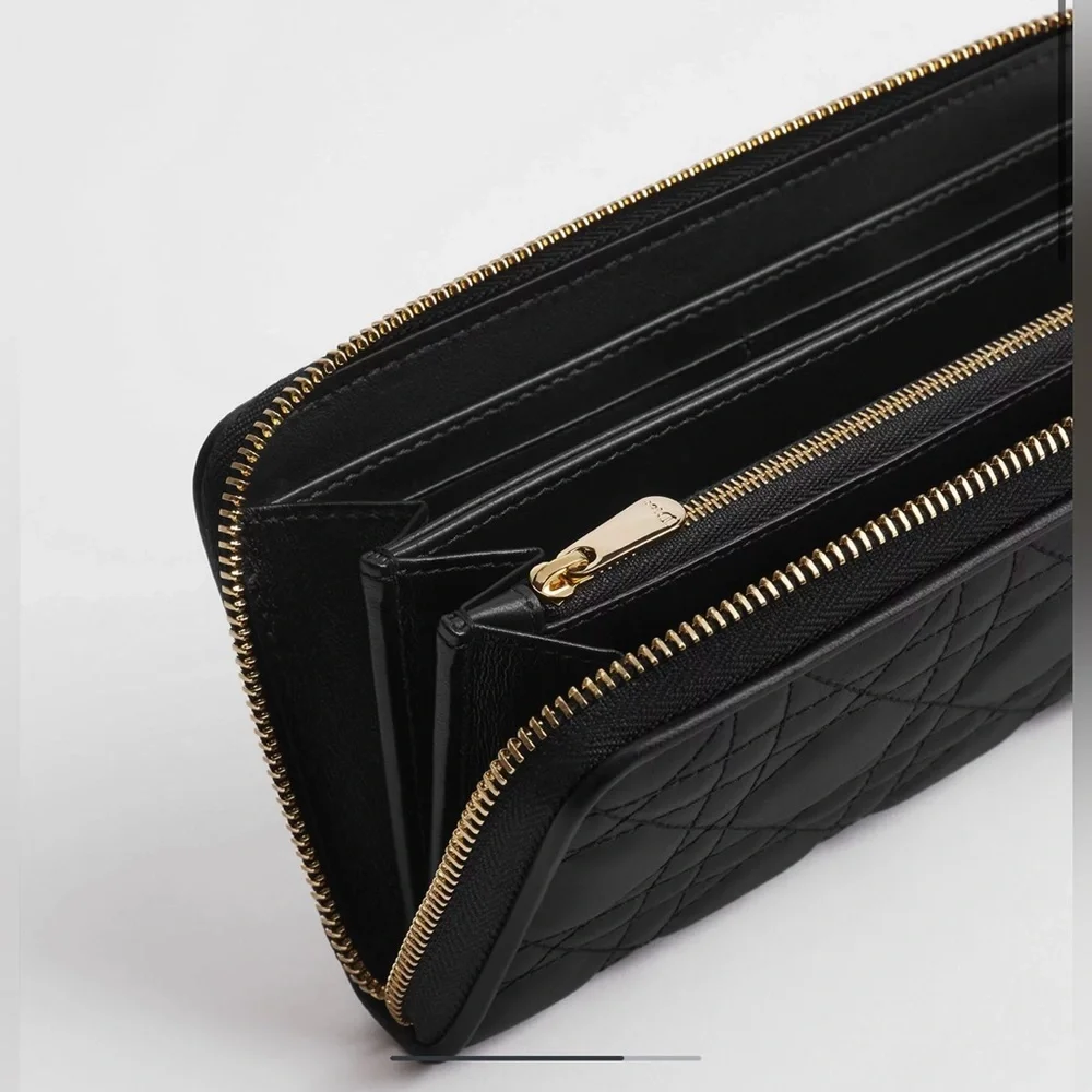 Dior Large Lady Dior Voyageur Black Quilted Lambskin Wallet with Gold Charm